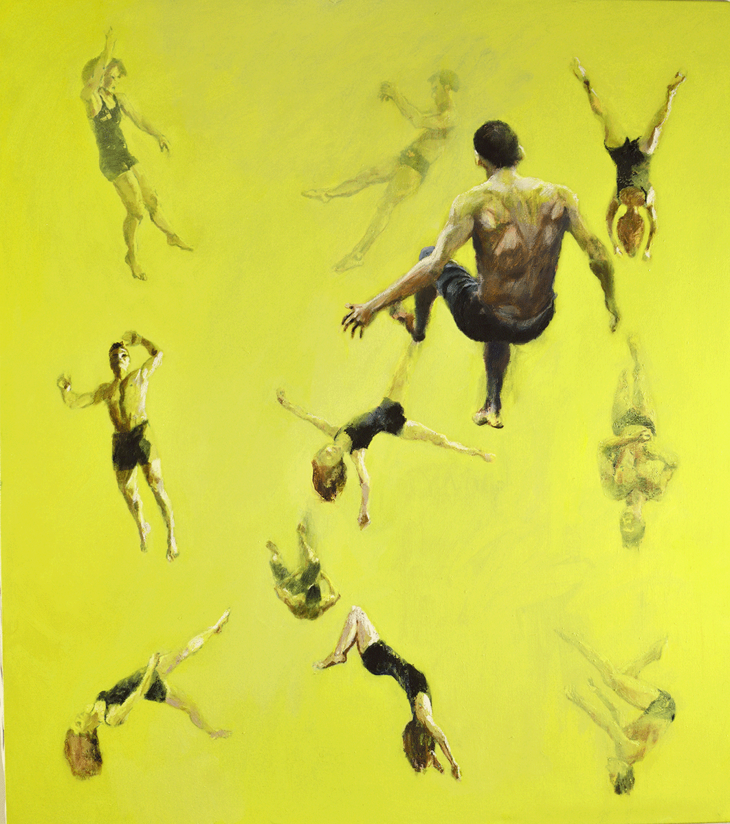 Falling, suspended and Spinning human figures- Chaotic Composition of Acrobats in an Empty Yellow Universe